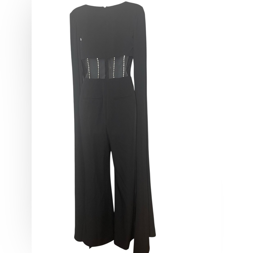 Mac Duggal New 49853 Sample Black Jumpsuit Cape Sleeves Sheer Abdomen Size 2 - Picture 5 of 10